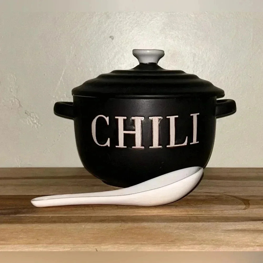 Ceramic Chili Pot with Lid and Spoon. Black and White. Holds 24 oz. Brand New!!